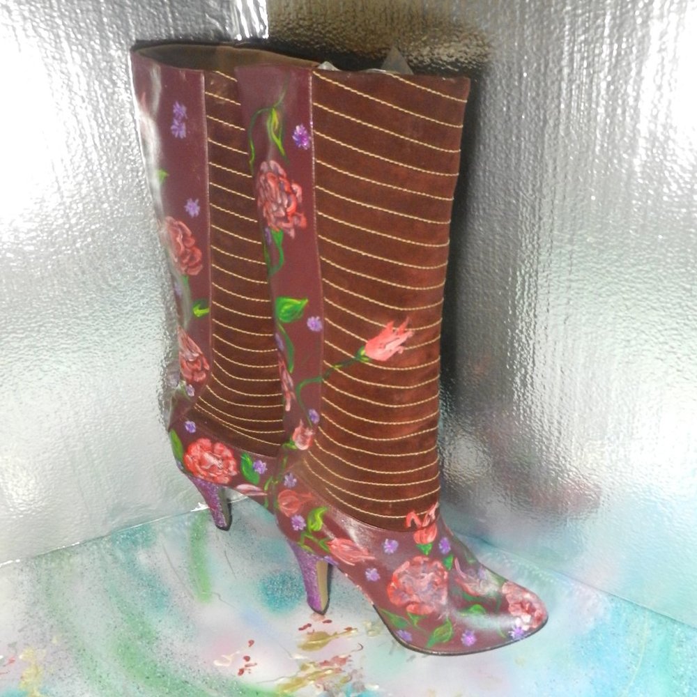VTG OOAK floral suede boots Never Promised You a Rose Garden burgundy leather - Picture 5 of 16